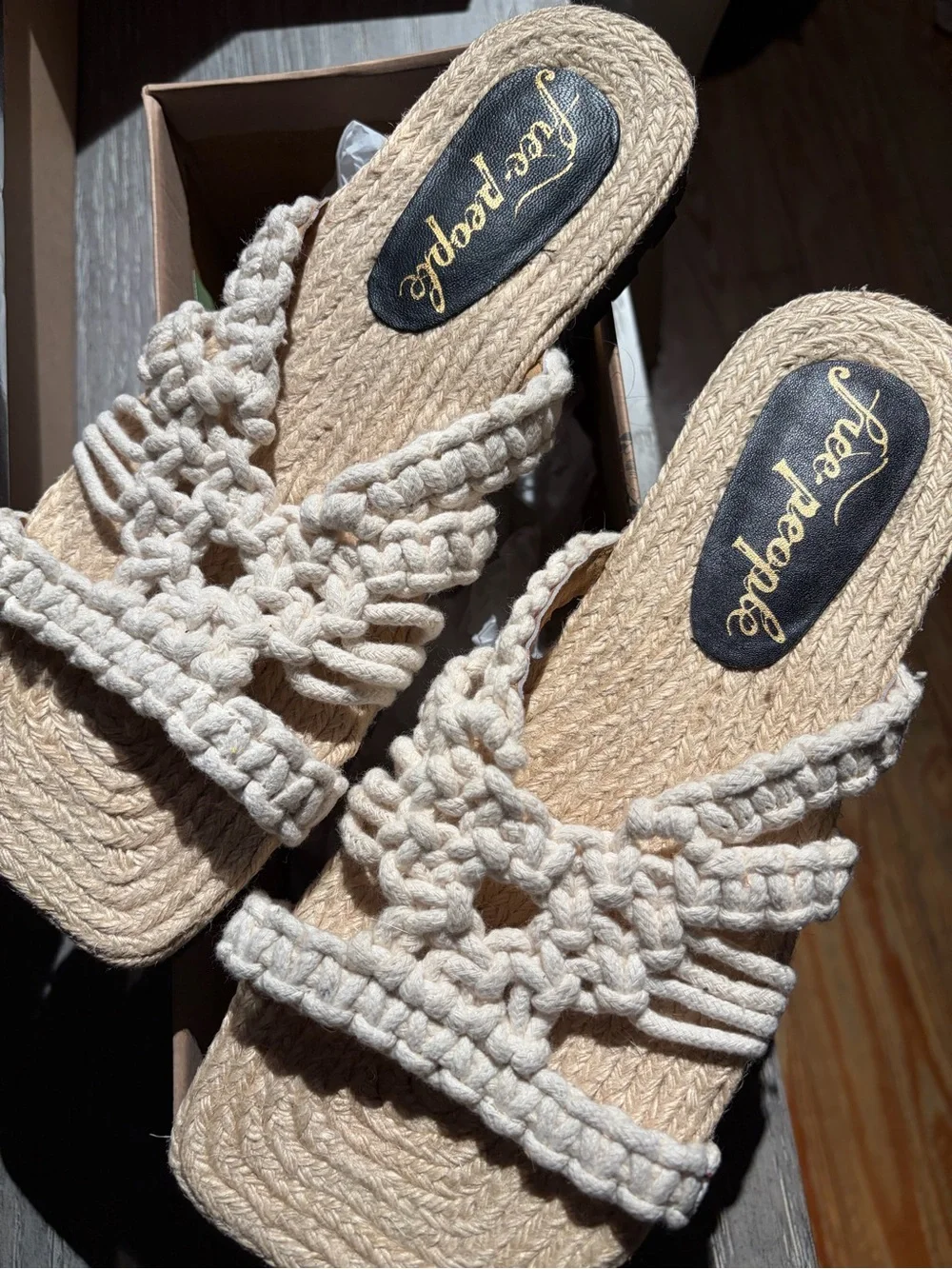 Free People Cream Macramé Jute Slide Sandals